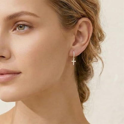 Cross Dangle Hoop Earrings for Women with CZ Stones - color: Gold