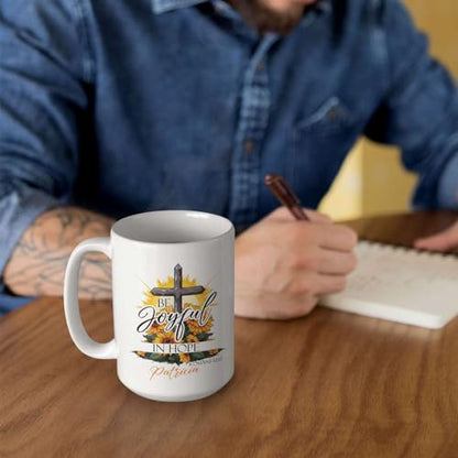 Customized Christian Mug With Name, Be Joyful In Hope Accent Cup, Custom Sunflower And Cross Design Mug, Personalized Religious Ceramic Cup, Christian Themed Mug 11oz Or 15oz - color: TRI-1223-1144-BE JOYFUL IN HOPE MUG