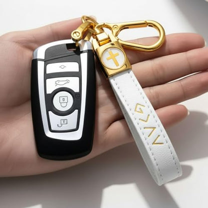 Christian Cross Leather Keychain for Men – Christian Gift for Dad Husband Son - color: White/Gold – God is Greater