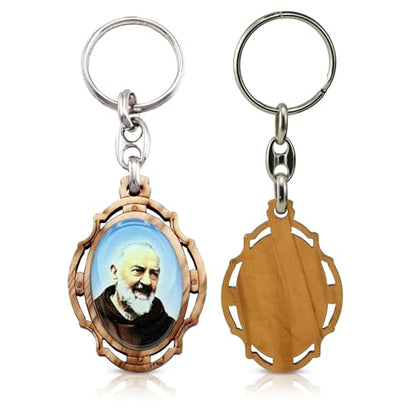 RosaryMart Olive Wood Religious Keychain for Men and Women | Catholic Keychain | Car KeyRing | Party Favors Key Holder - color: C-padre Pio