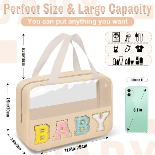 Preppy Clear Baby Makeup Bags with Chenille Letter Patches, Travel Essentials Large Clear Make up Bag Zipper Pouch with Handle, Waterproof Nylon Cosmetic Toiletry Storage Tote for Women (BABY-Beige) - color: BABY-Beige