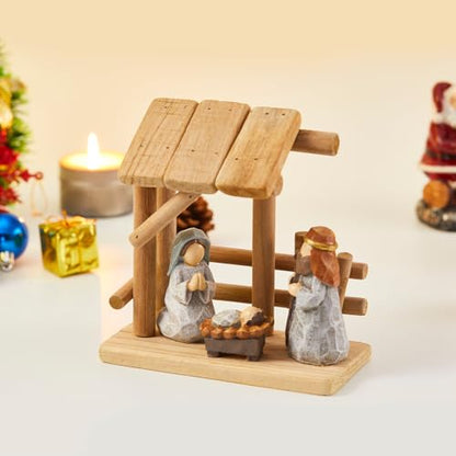 Christian Nativity Scene Decoration with Gift Box, Hand-Painted Resin Figurines with Wooden Stable, 6.7 Inches Tall, Perfect for Christmas Tabletop, Holiday Dining Table & Fireplace Decor