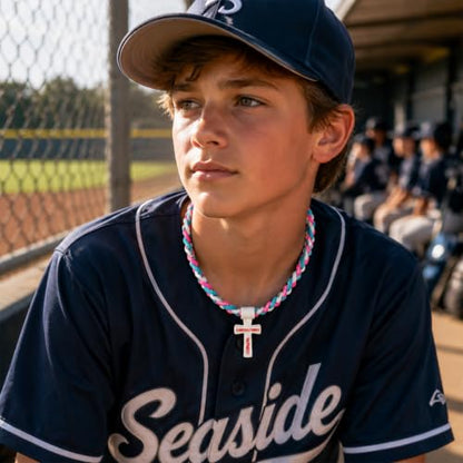 ZHZ Baseball Necklace with Cross Pendant - color: Light Blue White Pink