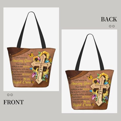 Bible Tote Bags for Women Christian Tote Bag Church Shoulder Bag Inspirational Bags With Zipper Christian Gift - color: I Still Believe in Amazing Grace