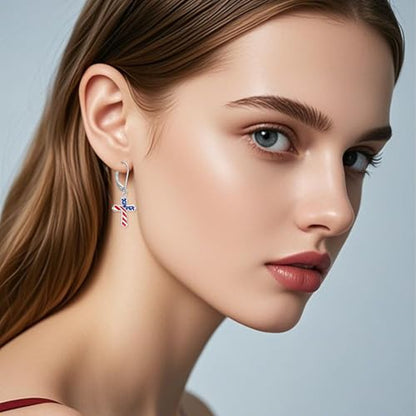 HPQQ Earrings for Women Sterling Silver Dangle Earrings Birthday Christmas Jewelry Gifts for Women Wife Mom - color: White Gold-Cross American Flag