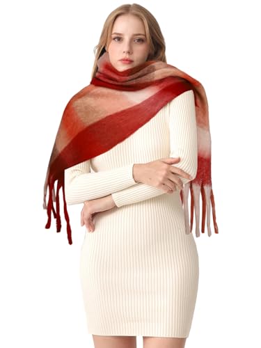 HOTIAN Women's Large Scarf Colorful Chunky Plaid Scarves Soft Winter Thick Tassel Warm Wrap Shawl - color: Reddish Brown