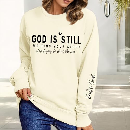 PAIEXILY Christian Crewneck Sweatshirts for Women God Faith Bible Verse Pullover Jesus Religious Long Sleeve Shirts Tops - color: Apricot, size: Small