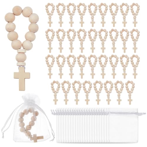 OLYCRAFT 36Pcs Wooden Rosary Beads with Cross Pendant 3.6 Inch Long Wooden Finger Rosary Bead with Cross Classic Mini Rosaries and Mesh Bags Natural Wood Beads for Guests Party Favors - color: Wood Color Cross