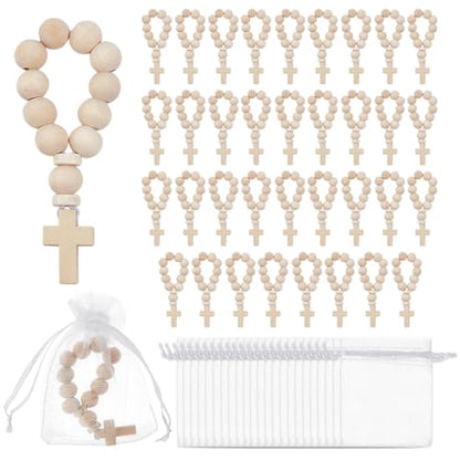 OLYCRAFT 36Pcs Wooden Rosary Beads with Cross Pendant 3.6 Inch Long Wooden Finger Rosary Bead with Cross Classic Mini Rosaries and Mesh Bags Natural Wood Beads for Guests Party Favors - color: Wood Color Cross