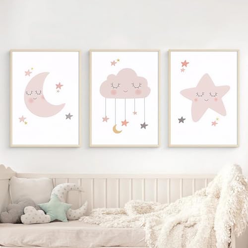Moon Star Cloud Canvas Wall Art Poster Pink Girls Watercolors Art Print Poster Baby Nursery Painting Pictures Kids Room Decor 16x20 Inch No Framed - color: Pink Nursery Art Prints, size: 16x20 Inch