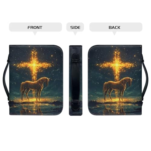 Bible Covers for Women Horse Gold Cross PU Leather Bible Case with Handle Waterproof Bible Protector Lightweight Bible Tote Bag for Man - color: Horse and Gold Cross, size: 2XL