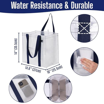 VENO 4 Pack Large Grocery Bag Reusable Shopping Bags with Hard Bottom - color: Clear
