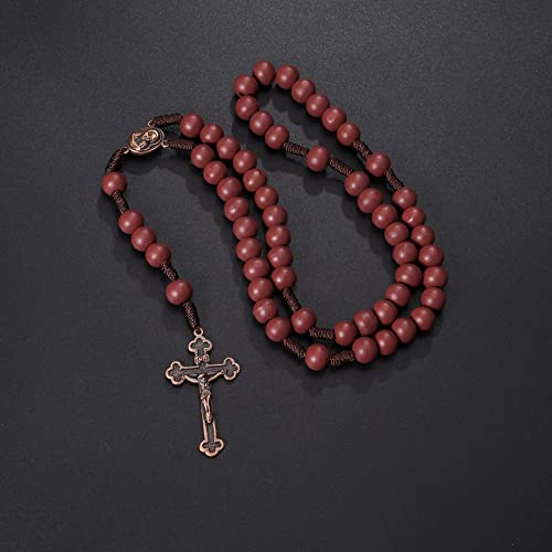 10mm Brown Beads Catholic Rosary Handmade Braided Rosaries with Curcifix Cross and Holy Mary Medal Amulet Rosary Beads Necklace for Women Men - color: Reddish