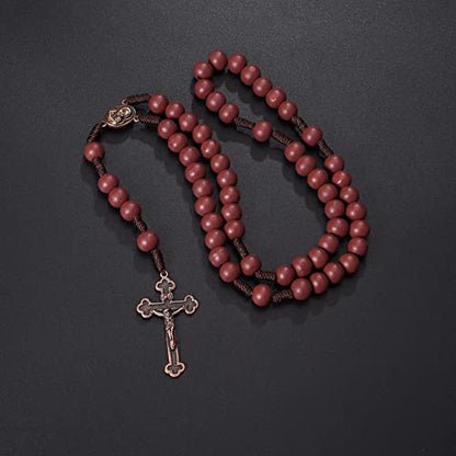 10mm Brown Beads Catholic Rosary Handmade Braided Rosaries with Curcifix Cross and Holy Mary Medal Amulet Rosary Beads Necklace for Women Men - color: Reddish