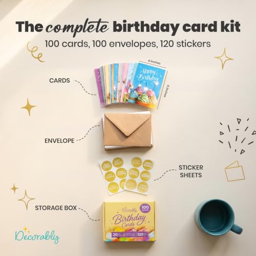 Decorably 100 Assorted 4x6in Happy Birthday Cards Bulk with Envelopes