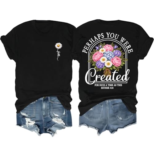 Christian Shirts for Women Floral Faith Bible Verse Graphic Tee Created for Such a Time as This T-Shirt - color: Black, size: Small