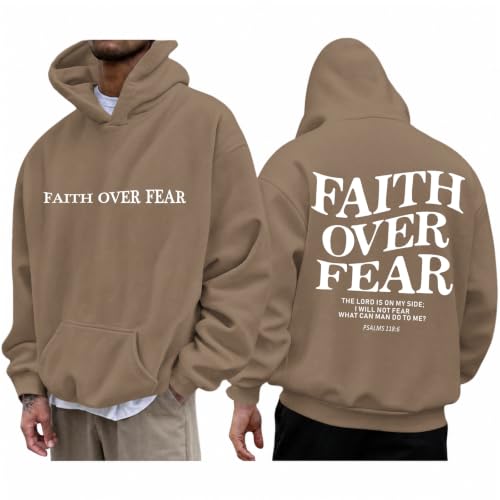 Mens Christian Faith Over Fear Hoodie Jesus Religious Graphic Hoodies Inspirational Bible Verse Vintage Sweatshirt - color: Coffee, size: Large
