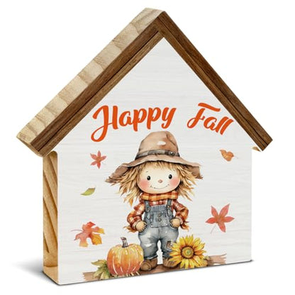 Scarecrows Fall Decor, Pumpkin Scarecrow Happy Fall House Shaped Wood Sign - color: Happy