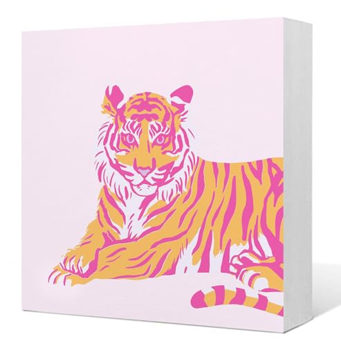 Preppy Pink and Orange Tiger Wooden Box Sign, Funky Y2K Tiger Wild Animal Wood Signs for Girls Room Dorm Apartment Home Desk Table Shelf Decoration, 5x5 Inch - color: Pink Tiger