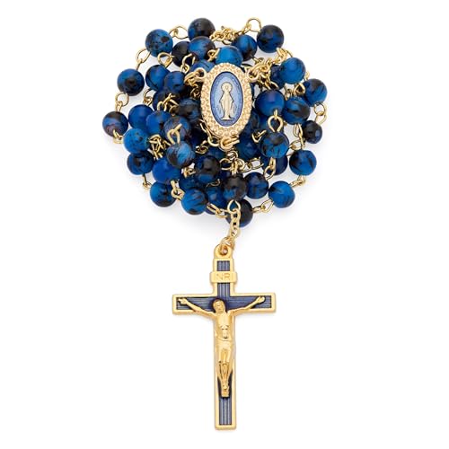 Mondo Cattolico Rosary Beads catholic for Women and Men from Vatican, Miraculous Virgin Rosary with Variegated Glass on a Gold Plated Brass Chain - Perfect Catholic gifts - color: Midnight blue