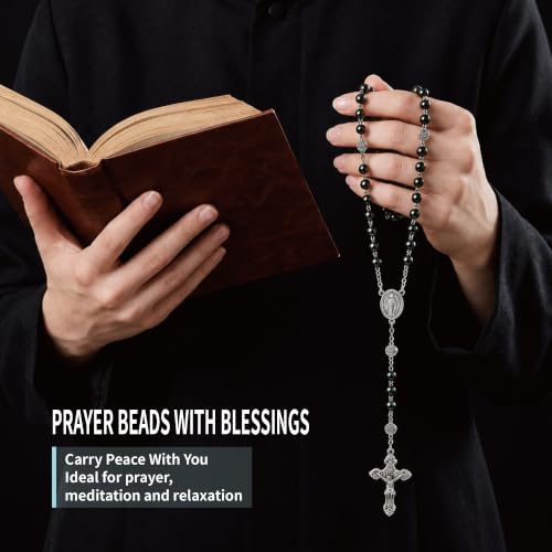 8mm Glass Pearl Rosary - Catholic Necklace for Men and Women Comes in a Metal Gift Box, First Communion Rosary Necklace as Gifts - color: Black