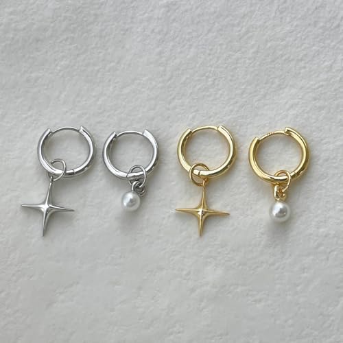 Asymmetric Cross Star Pearl Dangle Drop Hoop Earrings 925 Sterling Silver Post Small Huggie Hoops Charm Dangling Earring Cartilage Hypoallergenic Studs Fashion Jewelry for Women Daughter Niece