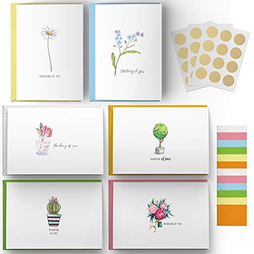 Dessie 30 Thinking of You Cards With Envelopes. 30 4x6 Inch Note Cards with Envelopes - Blank Inside with 6 Unique Floral Designs. White & Colorful Envelopes and Gold Seals In Sturdy Storage Box - color: Thinking of You - 30 Floral