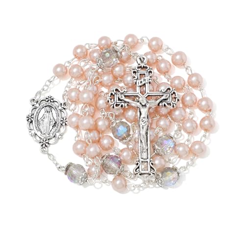 KOMI 6 MM Pearl Rosary Beads With Crucifix, Catholic Necklace for Women With Velvet Bag or Rosary Box - style: Rosary-3