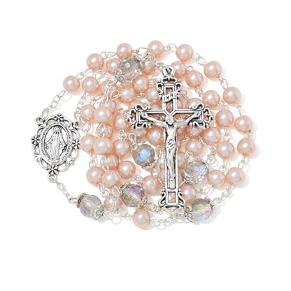 KOMI 6 MM Pearl Rosary Beads With Crucifix, Catholic Necklace for Women With Velvet Bag or Rosary Box - style: Rosary-3