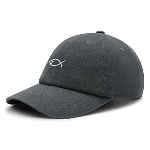 JPAK Jesus Fish Symbol Premium Dad Hat Embroidered Cotton Baseball Cap Symbol of Christianity - color: Dark Grey