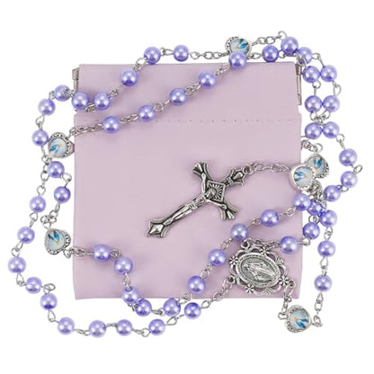 Rosary Beads Catholic, Rosary Necklace with Leather Pouch with Magnetic Top Bag for Men and Women Christian Gifts - color: Purple