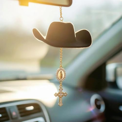 Baptism Car Charm Cowboy Hat Rear View Mirror, Virgin Mary Cross for Car - color: Virgin Mary B