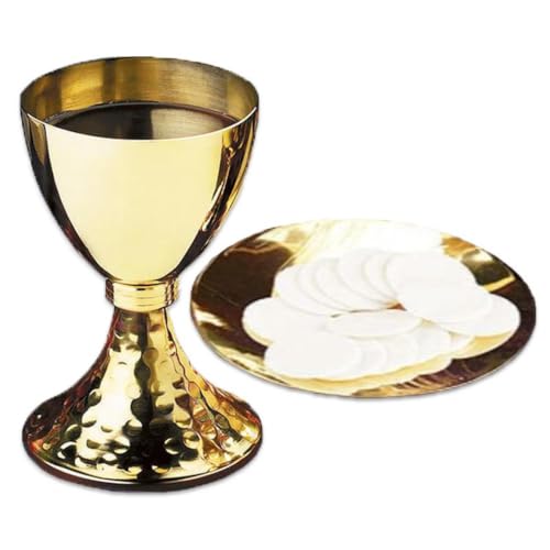 Church Gold Plated Brass Chalice & Paten, 14 Ounce, Hammered Base - color: Hammered Base