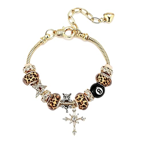 Y2k Charm Bracelet for Women Star Cross 8 Ball Leopard Beaded Bracelet - color: Gold