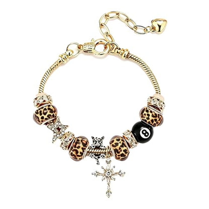 Y2k Charm Bracelet for Women Star Cross 8 Ball Leopard Beaded Bracelet - color: Gold
