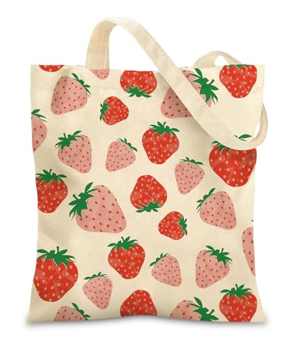 Women's Canvas Tote Bags with Inner Pockets & Metal Snap, Reusable Tote Bag for Girl's Vacation Travel Gym Shopping - color: Pink Strawberry