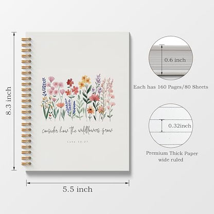 Poecinvi Christian Notebook Journals for Women, Consider How the Wildflowers Grow Prayer Bible Journal for Woman, Christian Gifts for Women Faith, Bible Verse Scripture Spiral Notebook 5.5x8.3 Inch - color: Luke 12:27