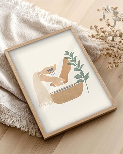 KensTro 12x16 Oak Framed Jesus Washing Feet Boho Christian Wall Art - color: Boho Jesus Washing Feet-Framed, size: 16"L x 12"W
