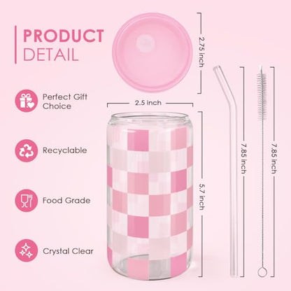 SANDJEST Checker 16 Oz Can Glass Tumbler with Acrylic Lid and Straw - Iced Coffee Cups for Women, Aesthetic Glass Cup Gift for Birthday Christmas - color: Checker 2