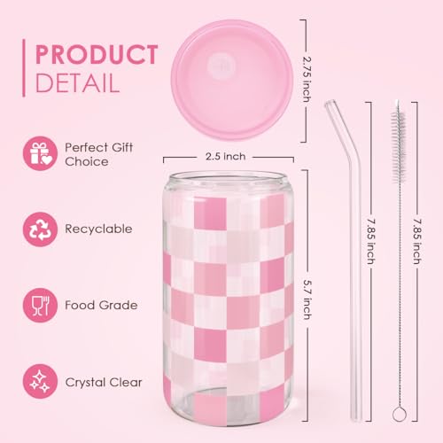 SANDJEST Checker 16 Oz Can Glass Tumbler with Acrylic Lid and Straw - Iced Coffee Cups for Women, Aesthetic Glass Cup Gift for Birthday Christmas - color: Checker 2