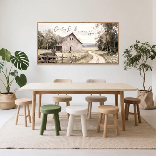 Aurlan Farmhouse Country Old Barn Framed Canvas Wall Art 40x20 Inch - color: Country Roads Take Me Home, size: 40"L x 20"W
