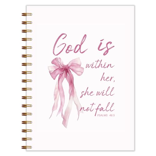 Coquette Pink Bow Christian Spiral Notebook 5.5x8.3, God is Within Her She Will Not Fall Bible Journaling, Religious Prayer Journal for Woman, Church Notes Notebook, Scripture Journal