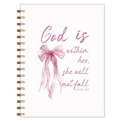 Coquette Pink Bow Christian Spiral Notebook 5.5x8.3, God is Within Her She Will Not Fall Bible Journaling, Religious Prayer Journal for Woman, Church Notes Notebook, Scripture Journal