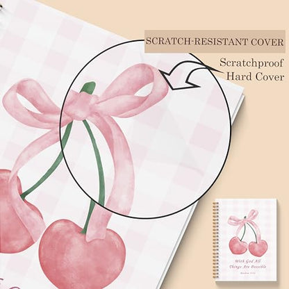 Coquette Pink Bow Cherry Christian Spiral Notebooks, With God All Things are Possible Bible Journal, Religious Journal for Women, Coquette Girly Office Supplies, 5.5x8.3 Inches - color: Cherry Bible