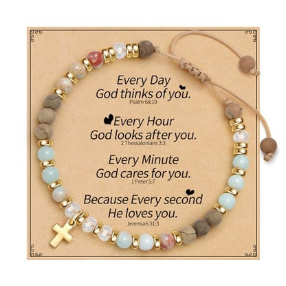 Cross Bracelets for Women Girls, Christian Gifts for Women Natural Stone Beaded Bracelets First Communion Confirmation Baptism Gifts Catholic Easter Christmas Inspirational Gift Jewelry - color: Agalmatolite - Every Day