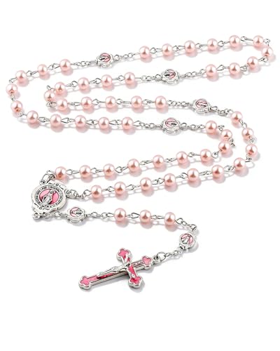 Catholic Rosary Necklace, Solid Glass Beads, Prayer Guide Included, Faith Gift for Women - color: Pink