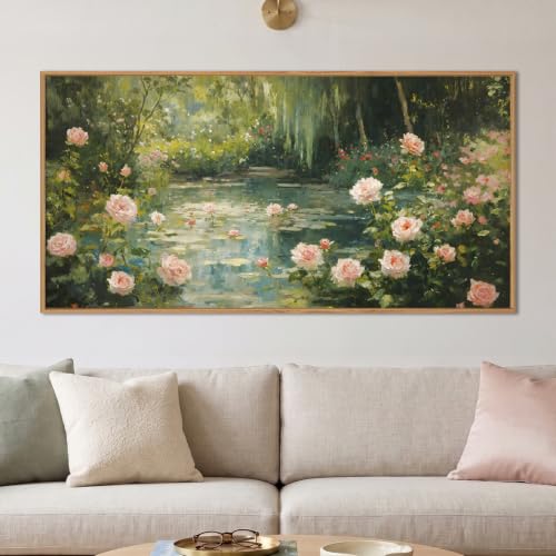 Aryroi Monet Garden Water Lilies Framed Canvas Wall Art Set, Impressionist Pond Pink Floral Wall Decor, Vintage Sage Green Oil Vibrant Flower Botanical Artwork for Living Room, Farmhouse- 40"x20"x1 - color: Monet Rose Garden Wall Art, size: 40"L x 20"W