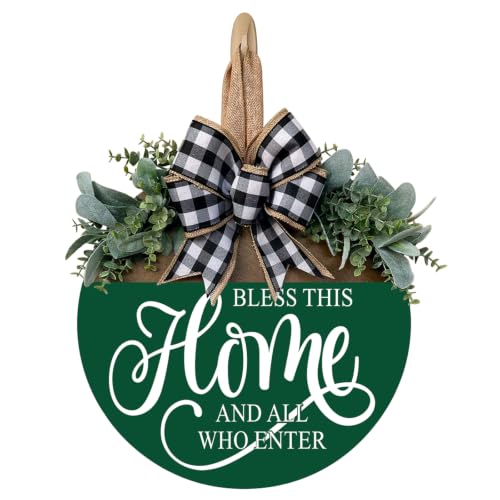 Bless This Home Welcome Sign for Front Door, Rustic Wood Wall Decor Porch Wreaths Hanging Door Decorations for Home Outdoor for Spring Summer Fall All Seasons Holiday - color: Green-14 Inch