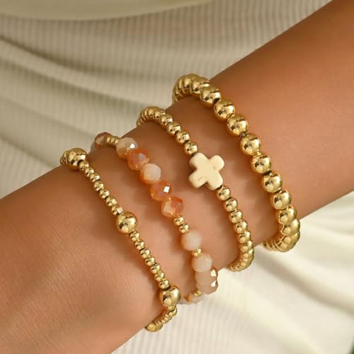 Colorful Cross Charm Bracelets for Women Men Adjustable Gold Plated Beaded Bracelet Boho Bead Ball Stretch Bracelet Birthday Summer Beach Jewelry - color: White B