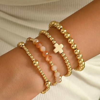 Colorful Cross Charm Bracelets for Women Men Adjustable Gold Plated Beaded Bracelet Boho Bead Ball Stretch Bracelet Birthday Summer Beach Jewelry - color: White B